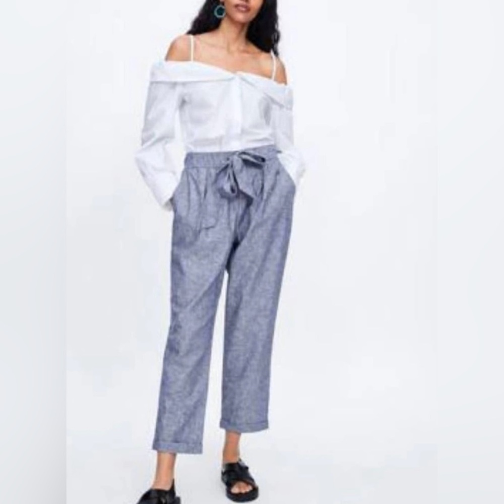Zara chambray front tie cropped linen pants